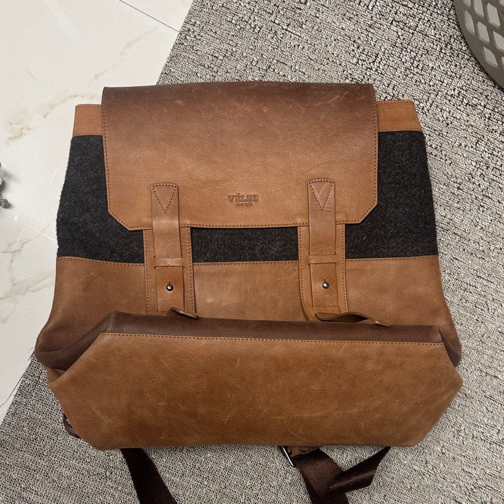 Leather and Dark Gray Felt Flap Backpack -